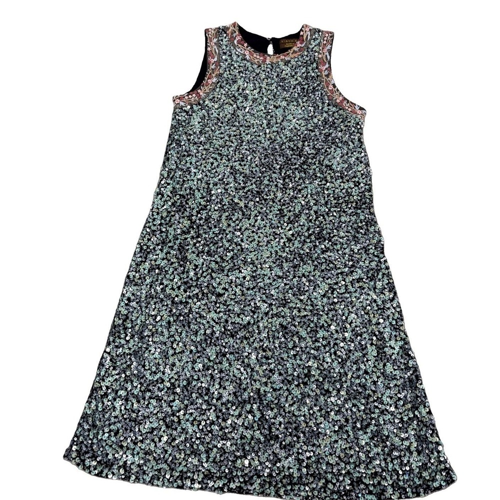 Varun Bahl Dress 4 Anthropology Blue  Green Sequin Floral Sleeveless Cocktail